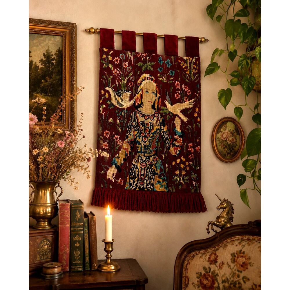 Vintage Lady & Unicorn Inspired Needlepoint Medieval French Tapestry